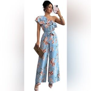 SHEIN Light Blue One-Shoulder Floral Wide-Leg Jumpsuit